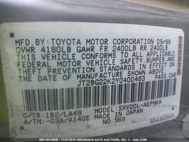 JT2BG22K2Y0400483 - 2000 TOYOTA CAMRY CE/LE/XLE 灰色 照片 9