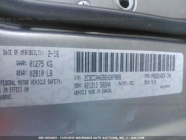 2C3CCAAG9GH207888 - 2016 CHRYSLER 300 LIMITED SILVER photo 9