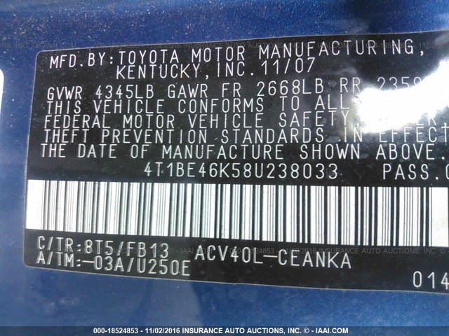 4T1BE46K58U238033 - 2008 TOYOTA CAMRY CE/LE/XLE/SE BLUE photo 9