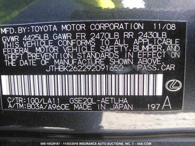 JTHBK262292091652 - 2009 LEXUS IS 250 GRAY photo 9