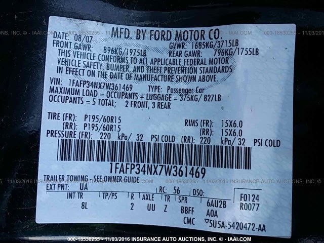 1FAFP34NX7W361469 - 2007 FORD FOCUS ZX4/S/SE/SES 黑色 照片 9