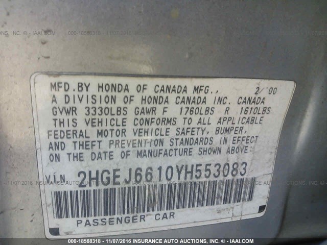 2HGEJ6610YH553083 - 2000 HONDA CIVIC SE SILVER photo 9