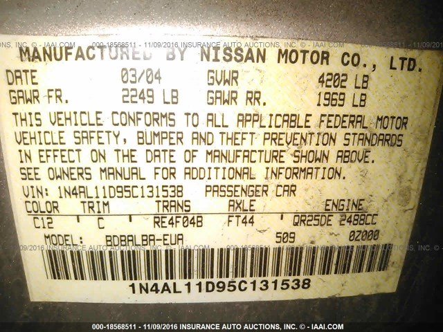 1N4AL11D95C131538 - 2005 NISSAN ALTIMA S/SL GOLD photo 9