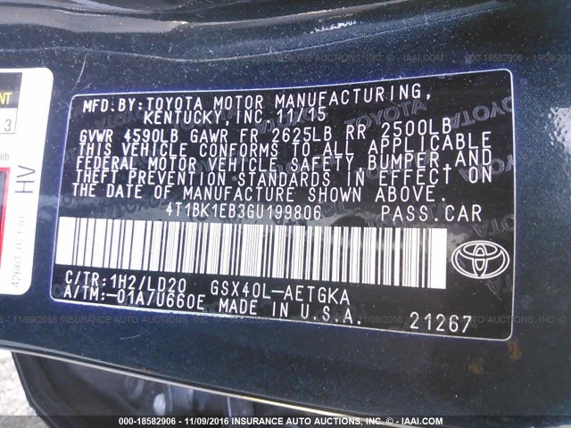 4T1BK1EB3GU199806 - 2016 TOYOTA AVALON XLE PLUS/PREMIUM/TOUR/LTD BLUE photo 9