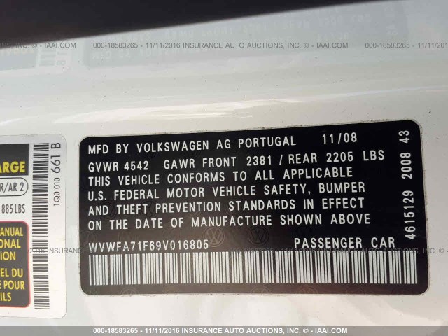 WVWFA71F69V016805 - 2009 VOLKSWAGEN EOS LUX 白色 照片 9