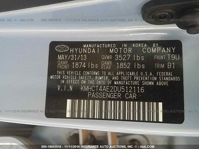 KMHCT4AE2DU512116 - 2013 HYUNDAI ACCENT GLS/GS BLUE photo 9