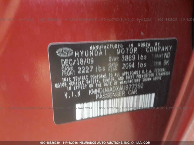 KMHDU4ADXAU977392 - 2010 HYUNDAI ELANTRA BLUE/GLS/SE RED photo 9