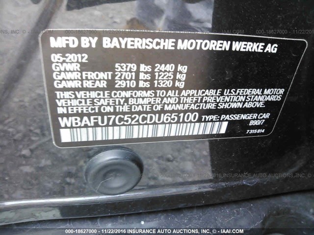 WBAFU7C52CDU65100 - 2012 BMW 535 XI GRAY photo 9