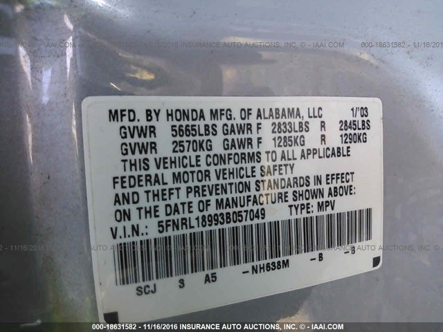 5FNRL18993B057049 - 2003 HONDA ODYSSEY EXL ვერცხლისფერი ფოტო 9