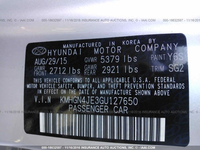 KMHGN4JE3GU127650 - 2016 HYUNDAI GENESIS 3.8L SILVER photo 9