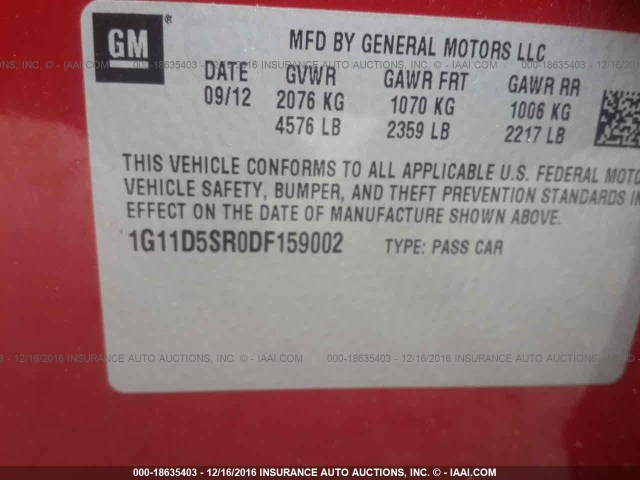 1G11D5SR0DF159002 - 2013 CHEVROLET MALIBU 1LT 红色 照片 9