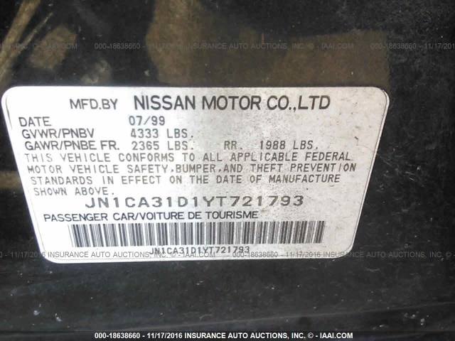 JN1CA31D1YT721793 - 2000 NISSAN MAXIMA GLE/GXE/SE BLACK photo 9