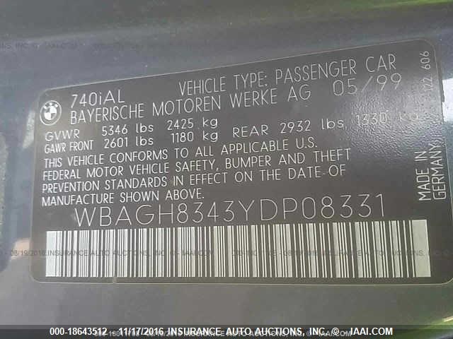 WBAGH8343YDP08331 - 2000 BMW 740 IL BLACK photo 9