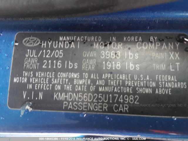 KMHDN56D25U174982 - 2005 HYUNDAI ELANTRA GLS/GT BLUE photo 9