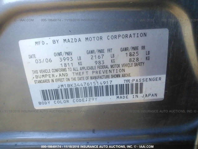 JM1BK344761514917 - 2006 MAZDA 3 HATCHBACK GRAY photo 9