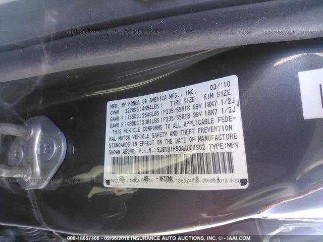 5J8TB1H50AA004902 - 2010 ACURA RDX TECHNOLOGY GRAY photo 9