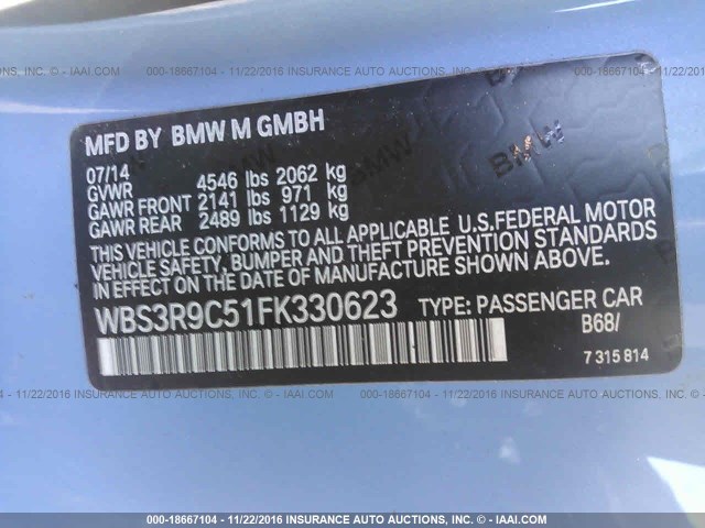 WBS3R9C51FK330623 - 2015 BMW M4 BLUE photo 9