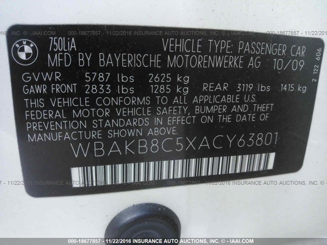 WBAKB8C5XACY63801 - 2010 BMW 750 LI WHITE photo 9