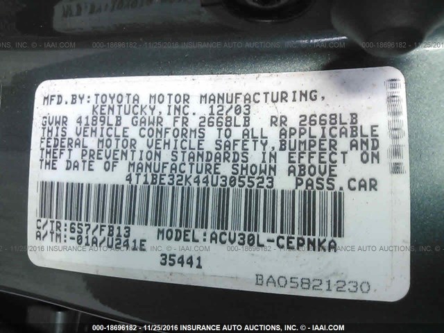 4T1BE32K44U305523 - 2004 TOYOTA CAMRY LE/XLE/SE Yaşıl foto 9