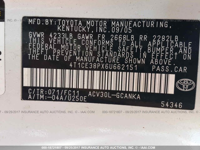 4T1CE38PX6U662151 - 2006 TOYOTA CAMRY SOLARA SE/SLE თეთრი ფოტო 9