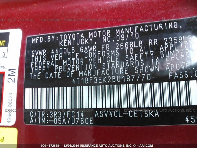 4T1BF3EK2BU187770 - 2011 TOYOTA CAMRY SE/LE/XLE წითელი ფოტო 9