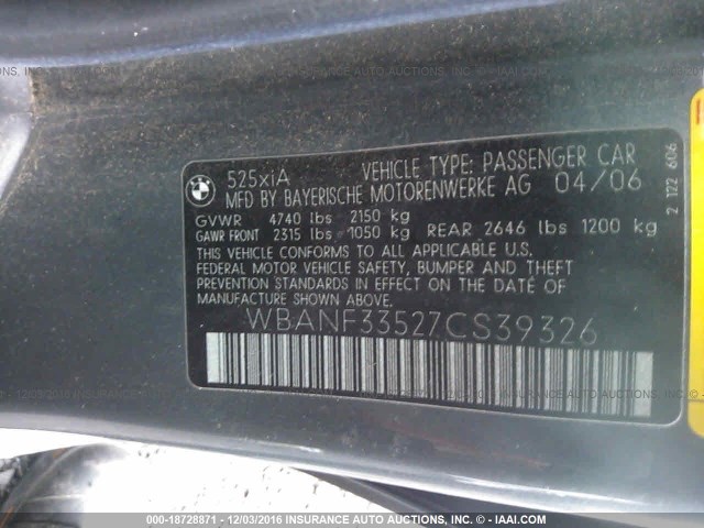 WBANF33527CS39326 - 2007 BMW 525 XI GRAY photo 9