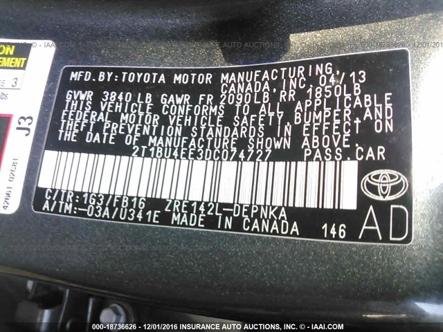 2T1BU4EE3DC074727 - 2013 TOYOTA COROLLA S/LE GRAY photo 9