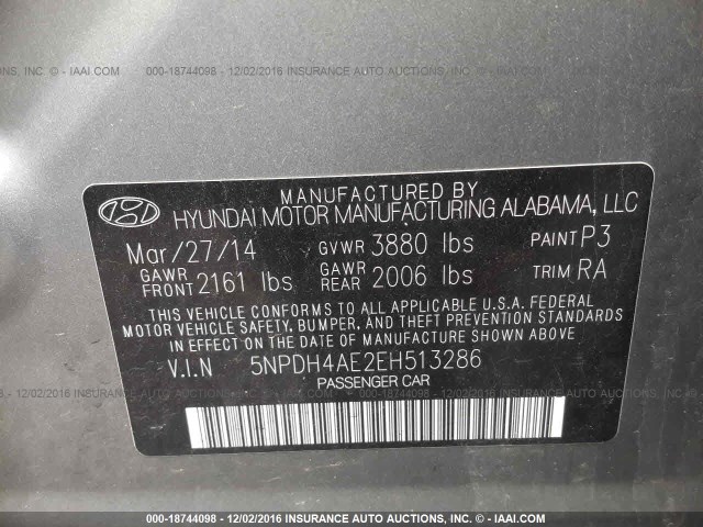 5NPDH4AE2EH513286 - 2014 HYUNDAI ELANTRA SE/SPORT/LIMITED GRAY photo 9