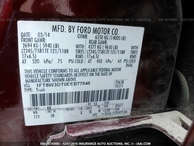 1FT8W3DT0EEB77648 - 2014 FORD F350 RED photo 9