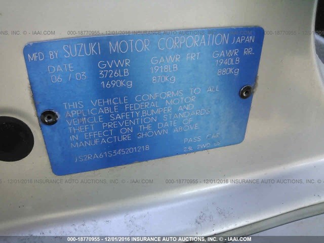 JS2RA61S345201218 - 2004 SUZUKI AERIO S/LX SILVER photo 9