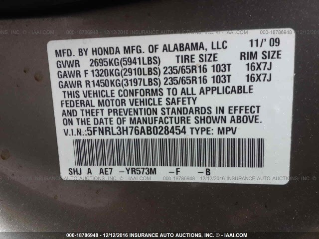5FNRL3H76AB028454 - 2010 HONDA ODYSSEY EXL შამპანური ფოტო 9
