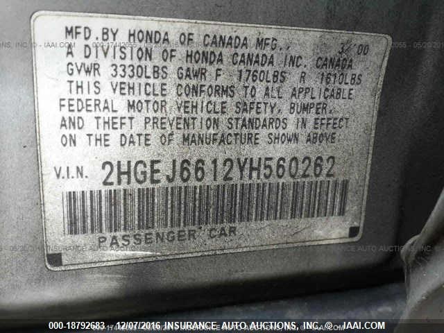 2HGEJ6612YH560262 - 2000 HONDA CIVIC SE SILVER photo 9