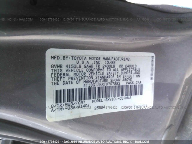 4T1BG12KXTU707883 - 1996 TOYOTA CAMRY DX/LE/XLE GRAY photo 9