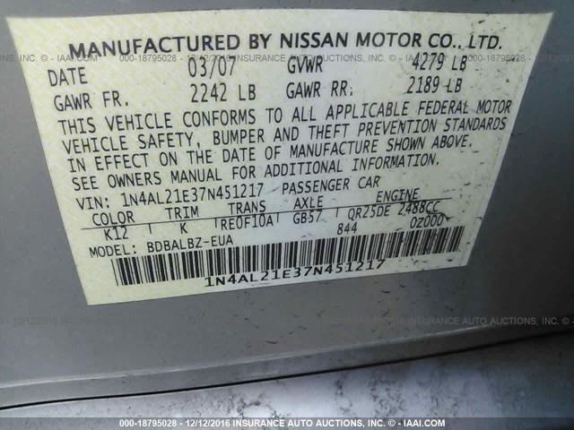 1N4AL21E37N451217 - 2007 NISSAN ALTIMA 2.5/2.5S GRAY photo 9