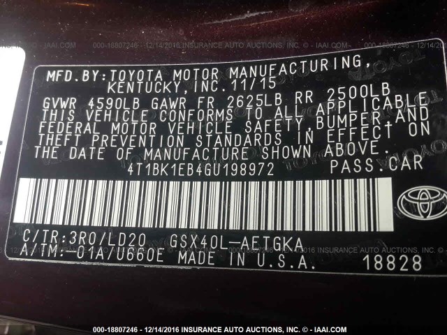 4T1BK1EB4GU198972 - 2016 TOYOTA AVALON XLE PLUS/PREMIUM/TOUR/LTD BURGUNDY photo 9