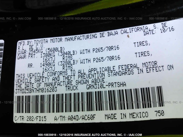 3TMDZ5BN7HM016203 - 2017 TOYOTA TACOMA DOUBLE CAB/SR5/TRD SPORT/ BLACK photo 9