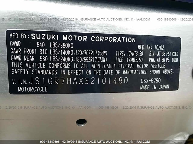 JS1GR7HAX32101480 - 2003 SUZUKI GSX-R750 BLUE photo 10