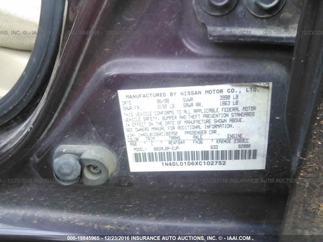 1N4DL01D6XC102752 - 1999 NISSAN ALTIMA XE/GXE/SE/GLE BURGUNDY photo 9