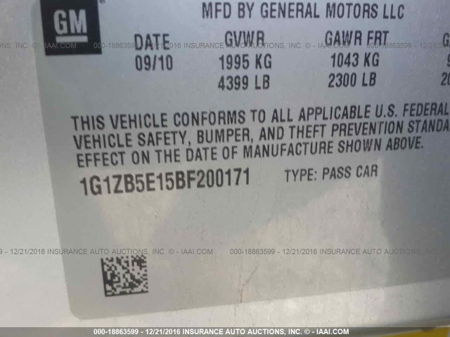 1G1ZB5E15BF200171 - 2011 CHEVROLET MALIBU LS ვერცხლისფერი ფოტო 9