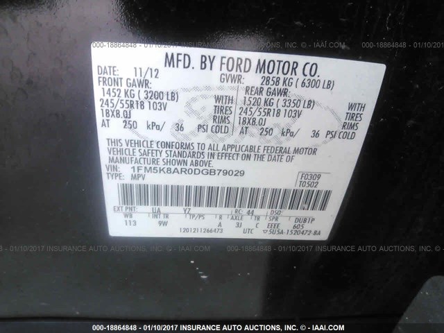 1FM5K8AR0DGB79029 - 2013 FORD EXPLORER POLICE INTERCEPTOR BLACK photo 9