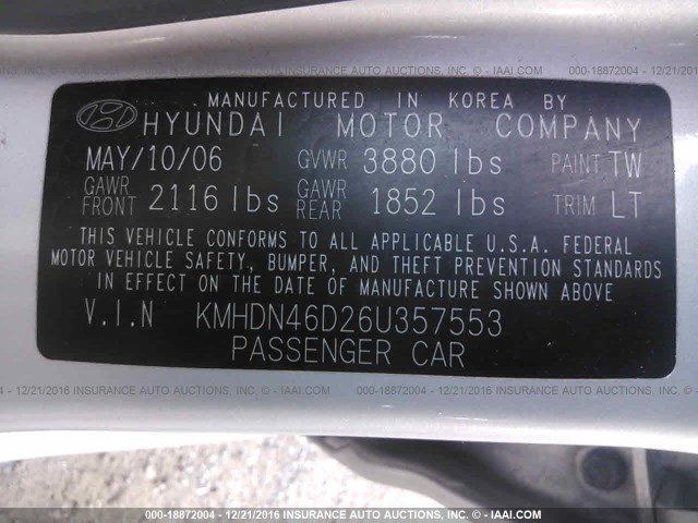 KMHDN46D26U357553 - 2006 HYUNDAI ELANTRA GLS/GT/LIMITED SILVER photo 9