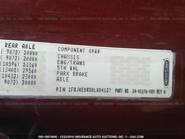 1FUJGEDR2BLBB4127 - 2011 FREIGHTLINER CASCADIA 125  BURGUNDY photo 10