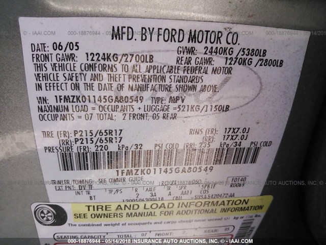 1FMZK01145GA80549 - 2005 FORD FREESTYLE SE GREEN photo 9