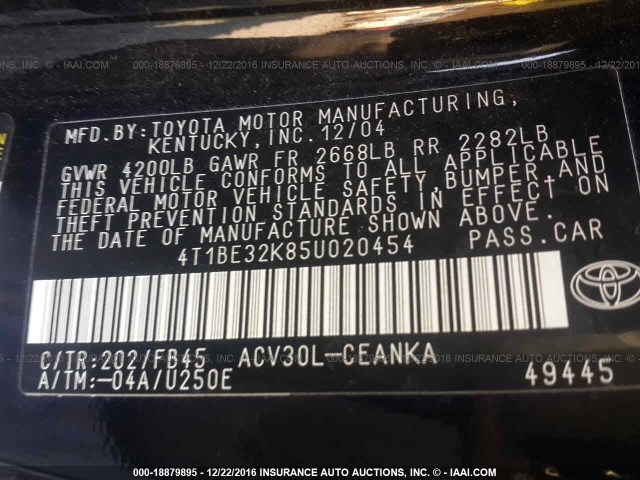 4T1BE32K85U020454 - 2005 TOYOTA CAMRY LE/XLE/SE 黑色 照片 9