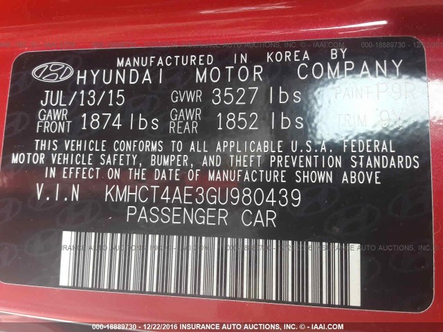 KMHCT4AE3GU980439 - 2016 HYUNDAI ACCENT SE RED photo 9