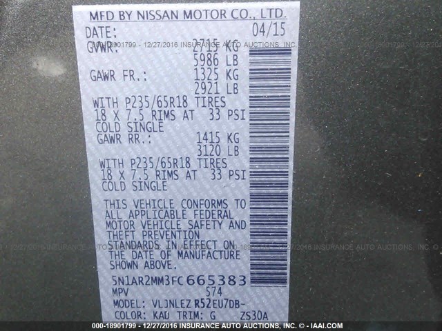 5N1AR2MM3FC665383 - 2015 NISSAN PATHFINDER S/SV/SL/PLATINUM 灰色 照片 9