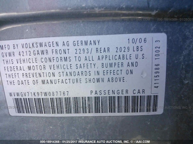 WVWGV71K97W087767 - 2007 VOLKSWAGEN NEW GTI GRAY photo 9