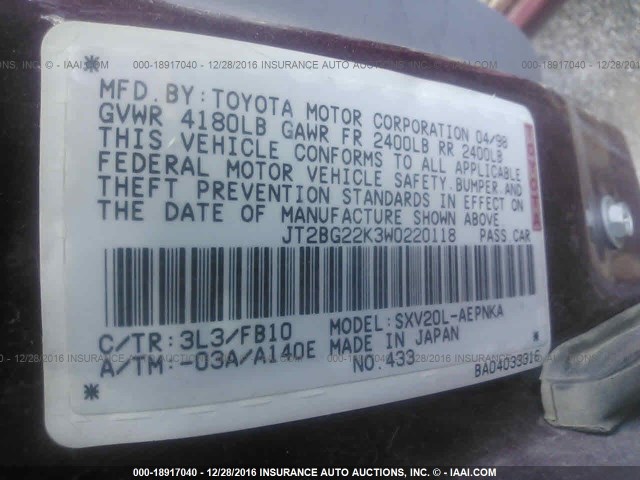 JT2BG22K3W0220118 - 1998 TOYOTA CAMRY CE/LE/XLE RED photo 9