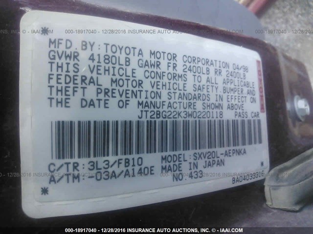 JT2BG22K3W0220118 - 1998 TOYOTA CAMRY CE/LE/XLE 红色 照片 9