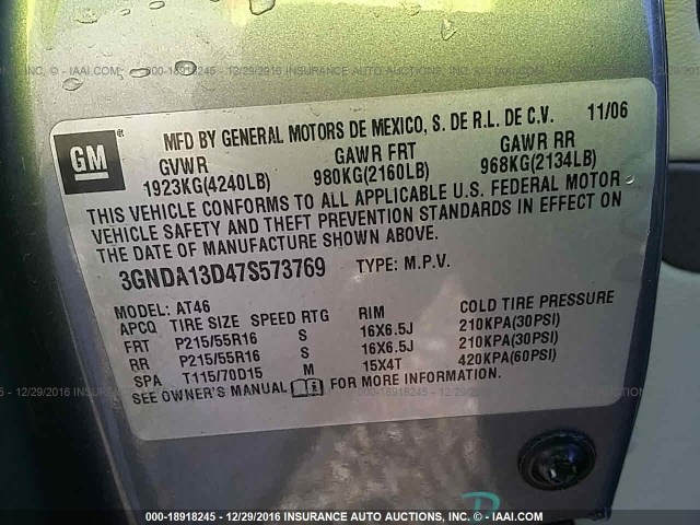 3GNDA13D47S573769 - 2007 CHEVROLET HHR LS 银色 照片 9